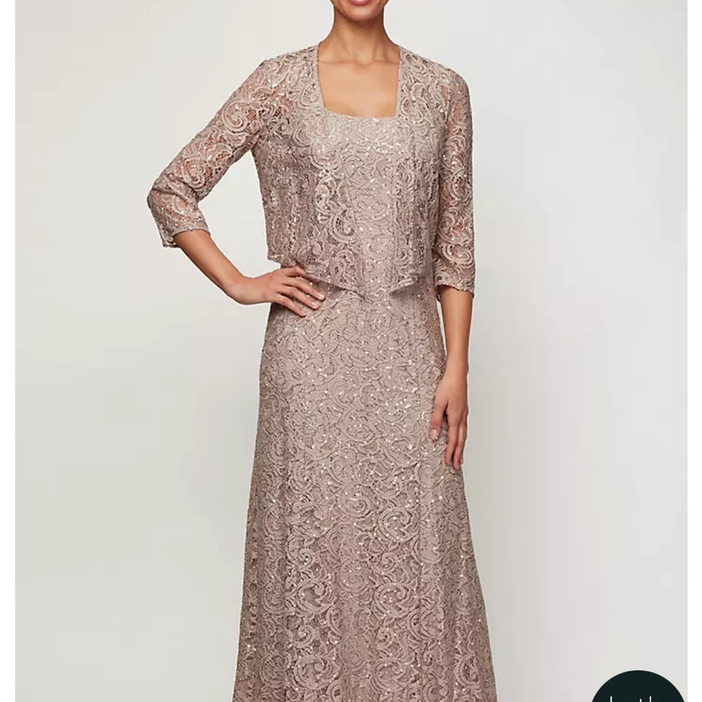 David's Bridal Champagne Mother of the bride dress and jacket combo.